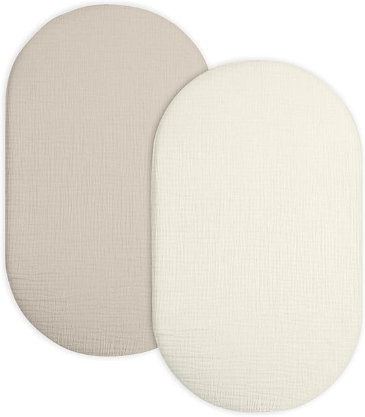 Bassinet Sheet for Baby Boy and Girl 2 Pack, Fitted Sheets for Rectangle, Oval, Hourglass Bassinet Mattress, Muslin Moses Basket Sheets with Neutral Style (Beige & Cream)