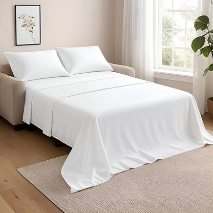 NON Sticky cotton Queen Size Sleeper Sofa Sheets, 4 Piece Egyptian Cotton Bed Sheet Set for Sofa Bed, 7" Deep Pocket for Pull Out Couch Mattress, 60" x 75", White Solid, Soft & Breathable