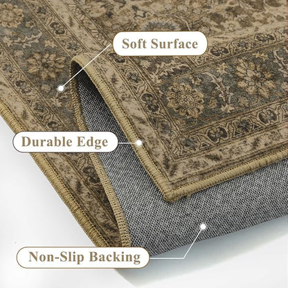 Brown 3x5 Area Rug Washable Vintage Carpet for Entryway Office Soft Retro Floral Kitchen Low Pile Thin Door Mat Non Slip Traditional Distressed Rug for Bathroom Bedroom Dining Living Room