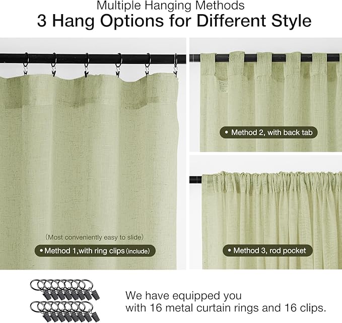 Anmao Natural Linen Curtains for Living Room 45 Inch Length 2 Panels Set, Light Filtering Semi Sheer Window Curtain Drapes for Bedroom with Curtain Rings and Clips, 52Wx45L, Sage Green