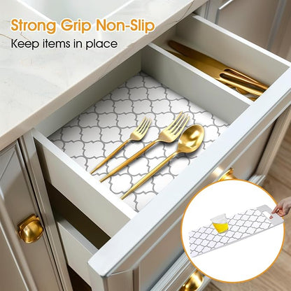 Shelf and Drawer Liner for Kitchen Cabinets Non-Adhesive, Strong Grip Non-Slip Thickened Cabinet Liners for Shelves, Waterproof Mats for Dresser Cupboard, White/Gray, 12 in x 20 Feet