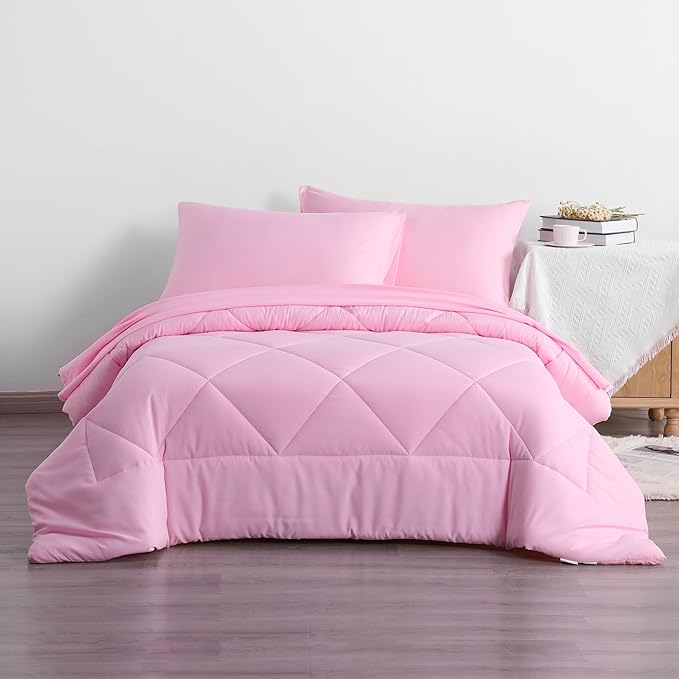 5-Piece Twin Comforter Set with Sheets – Soft and Breathable All-Season Twin Bed in a Bag, Down Alternative Comforter Set for Kids or Teens, Pink