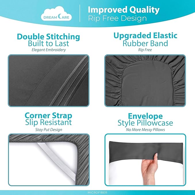 DREAMCARE King Size Sheets Set - Cooling Bed Sheets - 4pcs Set - up to 15" Deep Pocket King Sheet Set – Soft & Long Lasting Cooling - 100% Fine Brushed Polyester with Side Pocket - Dark Gray