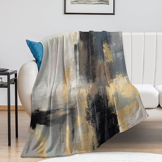 Fashion Gradient Blanket, Modern Abstract Baroque Glod Grey Painting Strokes Pattern Soft Warm Cozy Plush Flannel Covers for Livingroom Bedroom Couch Chair Camping Travel Home Decor Tapestry 50x60in