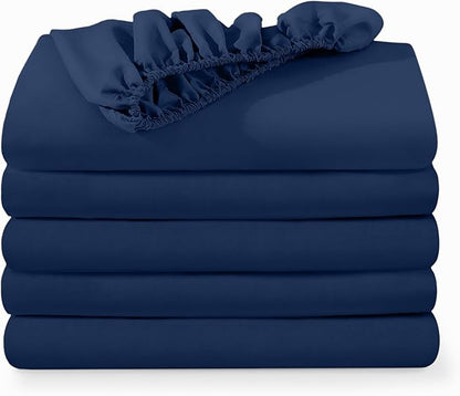Bare Home 5-Pack Fitted Bottom Sheets Twin - Premium 1800 Ultra-Soft Wrinkle Resistant Microfiber - Deep Pocket (Twin, Dark Blue)