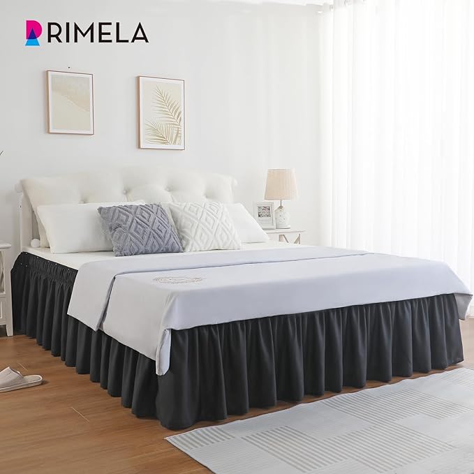 RIMELA Black Bed Skirt King Size 14 Inch Drop, Elastic Bed Skirting for Bed Base and Frame, Bedding Dust Ruffle Easy to Install, Lightweight Comforter Set with Wrap Around Adjustable Bedskirt