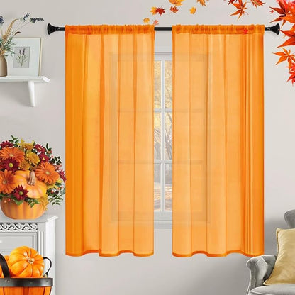 Sheer Curtains 45 Inches Long 2 Panels, Rod Pocket Short Curtain for Kitchen, Bedroom, Cafe Window(Orange 38" W x 45" L)