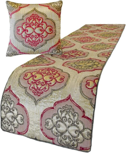 The HomeCentric King/Queen/Twin Pink Designer Queen 74"x18" Bed Runner Without Pillow Cover, Quilted & Damask Bed Scarf on Silk Fabric - Emre