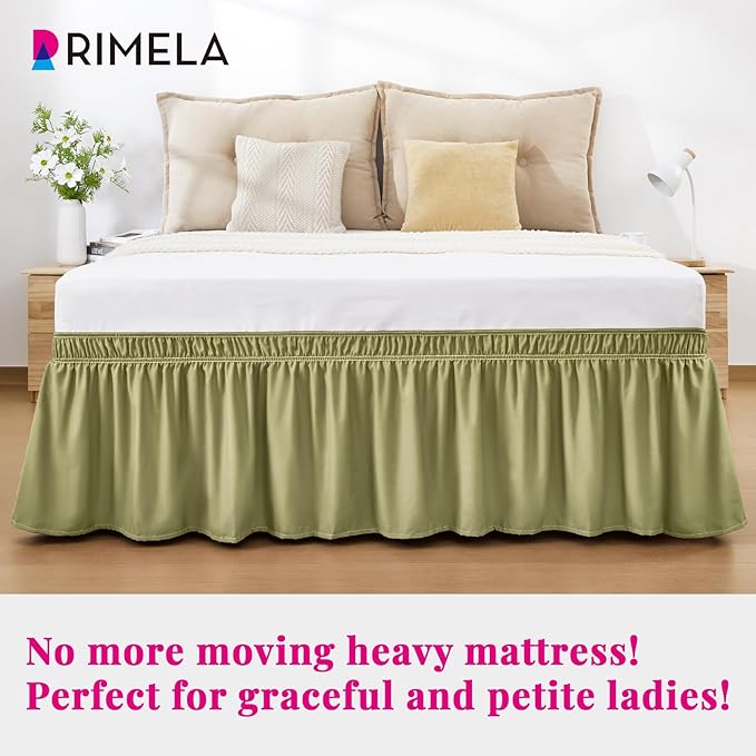 RIMELA Sage Green Bed Skirt Queen Size 15 Inch Drop, Elastic Bed Skirting for Bed Base and Frame, Bedding Dust Ruffle Easy to Install, Wrap Around Adjustable Bedskirt
