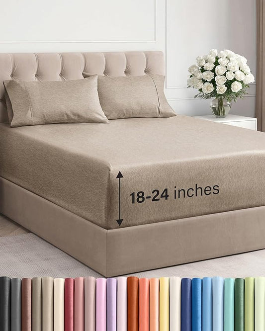 Extra Deep Pocket King Sheets - 4 Piece Breathable & Cooling Bed Sheets - Hotel Luxury Bed Sheet Set - Soft, Wrinkle Free & Comfy - Easily Fits Extra Deep Mattresses - Heathered Beige Sheets Set
