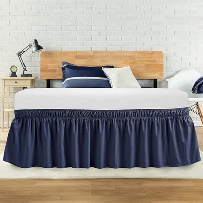Twin Bed Skirt, Elastic Wrap Around Bed Skirt Twin Size, Bed Skirts for Adjustable Bed, Easy Fit with 14" Drop Length Tailored Drop Dust Ruffle (Navy)