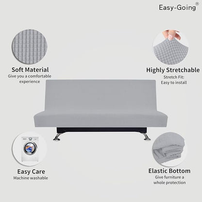 Easy-Going Stretch Futon Slipcover Armless Futon Bed Cover Furniture Protector Without Armrests with Elastic Bottom for Kids, Soft Jacquard Fabric Small Checks (Large, Silver Gray)