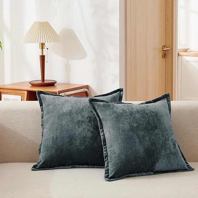 Luxurious Velvet Throw Pillow Covers 20x20 Set of 2 Decorative Pillow Covers Solid Square Cushion Case for Sofa Couch Bedroom Farmhouse, Blue Gray