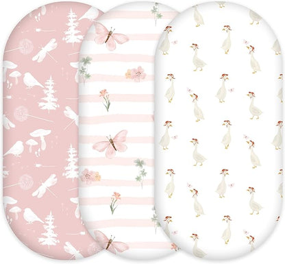 3-Pack Organic Bassinet Sheets for Girls Stretch, Soft Cozy Fitted Bassinet Mattress Sheet (32" x 16") Universal Fit for Hourglass, Oval, & Rectangle Mattresses Pink Butterfly