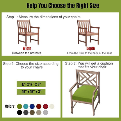 idee-home Thick 17" x 17" x 3" Patio Chair Cushions Set of 2, Waterproof with Ties, Seat Cushions for Outdoor Furniture, Dining Chair Pads Green