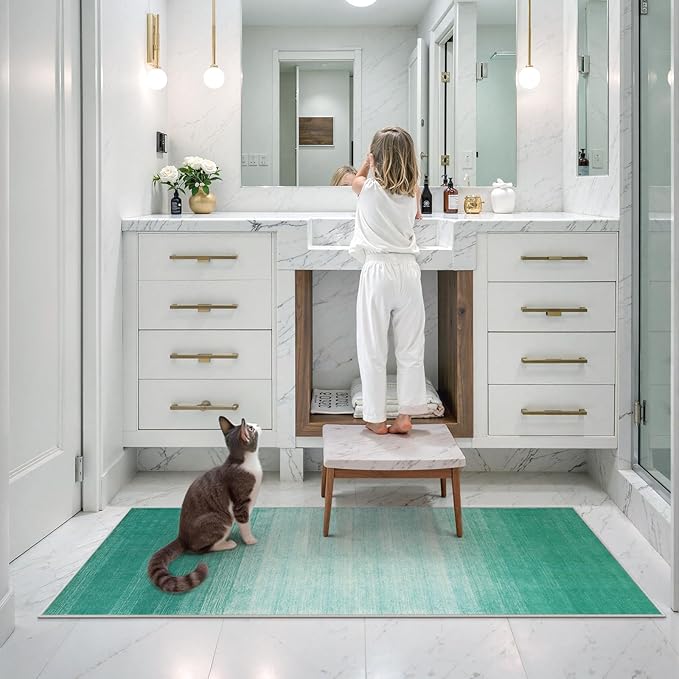 Wonnitar Teal Kitchen Runner Rugs 2x6 ft, Washable Modern Ombre Non-Slip Laundry Room Runner Rug, Abstract Bathroom Carpet Runner Low Pile Floor Carpet for Bedroom Doorway Entryway (Teal, 2'x6')