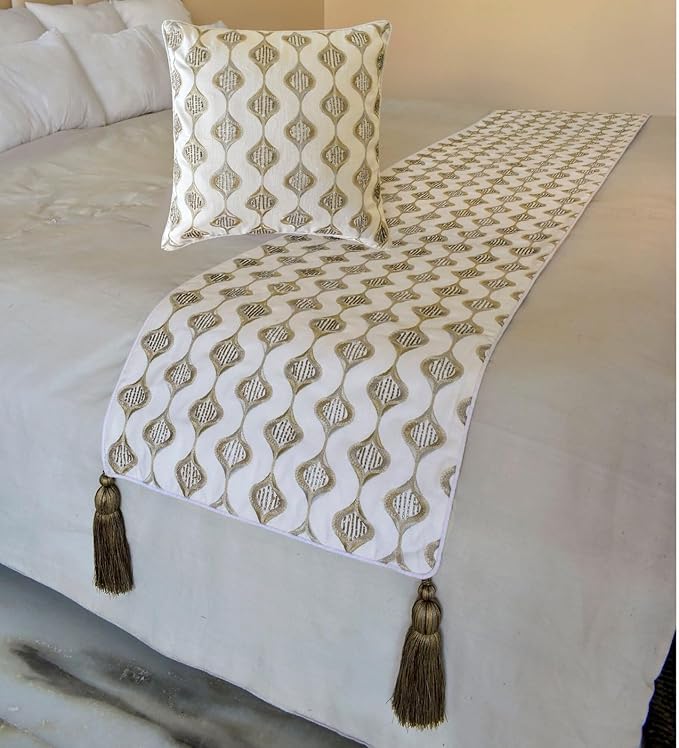 The HomeCentric King/Queen/Twin Beige Decorative Bed Runner King 90"x18" Bed Runner Without Pillow Cover, Embroidery, Geometric, Beaded Hand Embroidery Bed Scarf on Linen Fabric - Mahsa