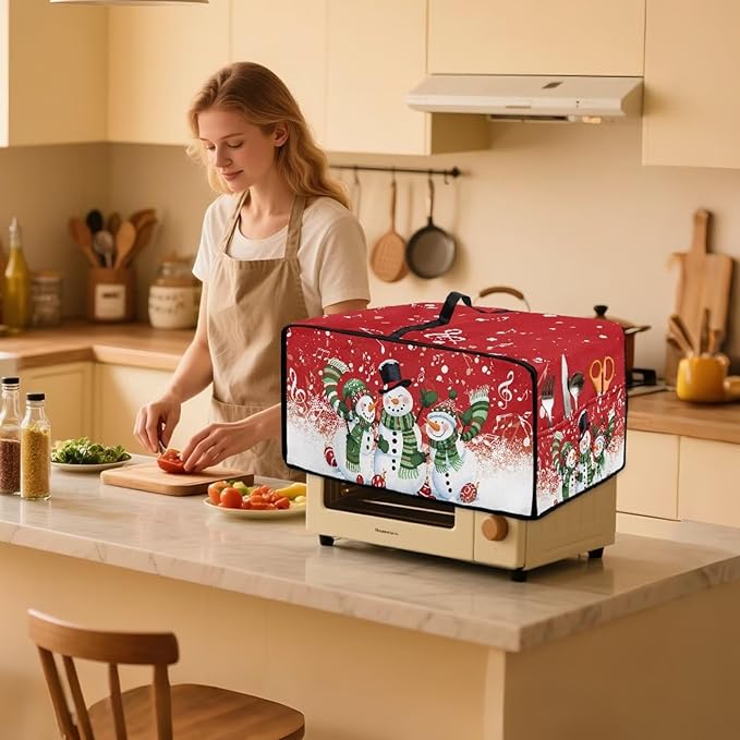 Christmas Convection Toaster Oven Cover with Pockets, Holiday Decor Smart Microwave Baking Oven Dust Cover for Countertop, S, 14.5 x 18.5 x 9 Inches, Snowman Musical Note Red