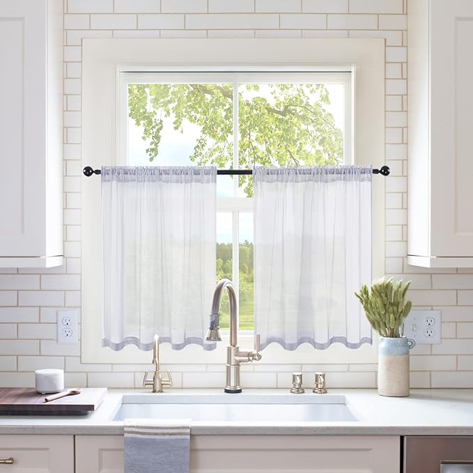 MIULEE Short Sheer Curtains 30 Inch Length for Kitchen Bathroom Cafe Half Window Treatment, Rod Pocket Tier Curtains 2 Panels, 29x30 Inches Long, Greyish Lilac