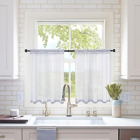 MIULEE Short Sheer Curtains 30 Inch Length for Kitchen Bathroom Cafe Half Window Treatment, Rod Pocket Tier Curtains 2 Panels, 29x30 Inches Long, Greyish Lilac
