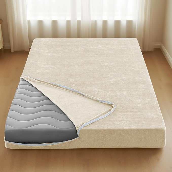 H.VERSAILTEX Twin Size Armless Futon Mattress Covers for Traditional Japanese Futon Mattress Soft Chenille Couch Slipcovers Floor Mats Sofa Protector Zippered Sleeper Sofa Cover,Beige