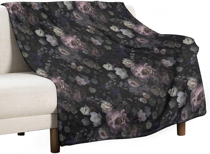 Vintage Gothic Floral Blanket, Black Pink Flower Rose Black Garden Roses Blooming Boho Throw Blankets for Home Bedding Couch Decor, 40"x50"