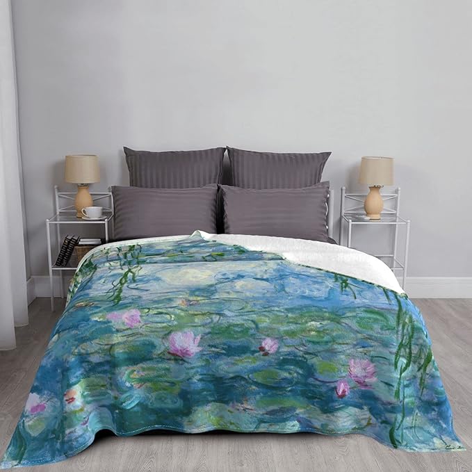 Monet Water Lilies Soft Blanket All Season Fuzzy Throw Warm Lightweight Blanket Flannel Blankets Fleece Throws for Bed Sofa Couch Travel Home Living Room Decor 60"x50"