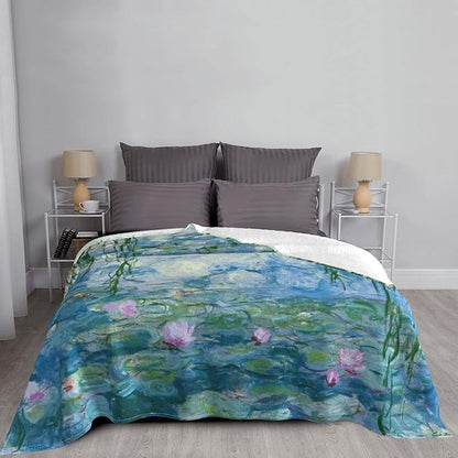 Monet Water Lilies Soft Blanket All Season Fuzzy Throw Warm Lightweight Blanket Flannel Blankets Fleece Throws for Bed Sofa Couch Travel Home Living Room Decor 60"x50"