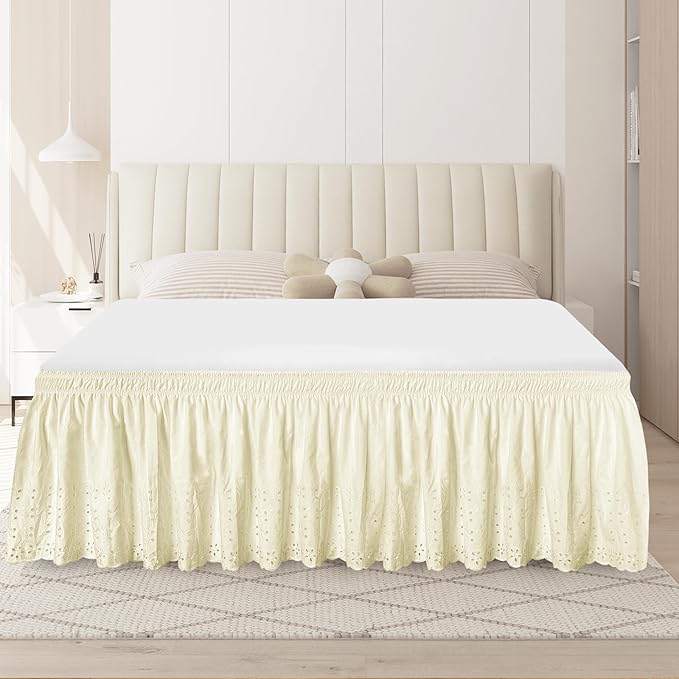 Twin Bed Skirt, Wrap-Around Elastic Ruffled Eyelet Bed Skirt Twin Size Dust Ruffle with Gathered Styling and Embroidered Details, 18" Drop Length (Light Yellow)