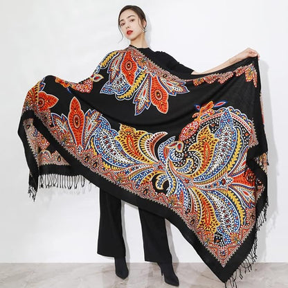 DANA XU 100% Merino Wool Pashmina Shawl for Women 96"x43", Oversized Cashmere Wrap with Tassels, Floral Travel Blanket Cape