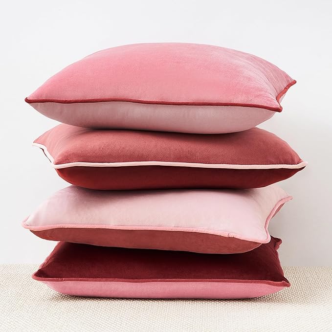 MONDAY MOOSE Decorative Throw Pillow Covers Cushion Cases, Set of 4 Soft Velvet Modern Double-Sided Designs, Mix and Match, Pillow Inserts Not Included (22x22 inch, Pink/Dark Pink)
