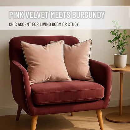 2 Pack Velvet Decorative Throw Pillow Covers, 18"x18", Pink and Grey, Solid, Modern, Contrast Piping, Indoor Use, Bedroom & Living Room
