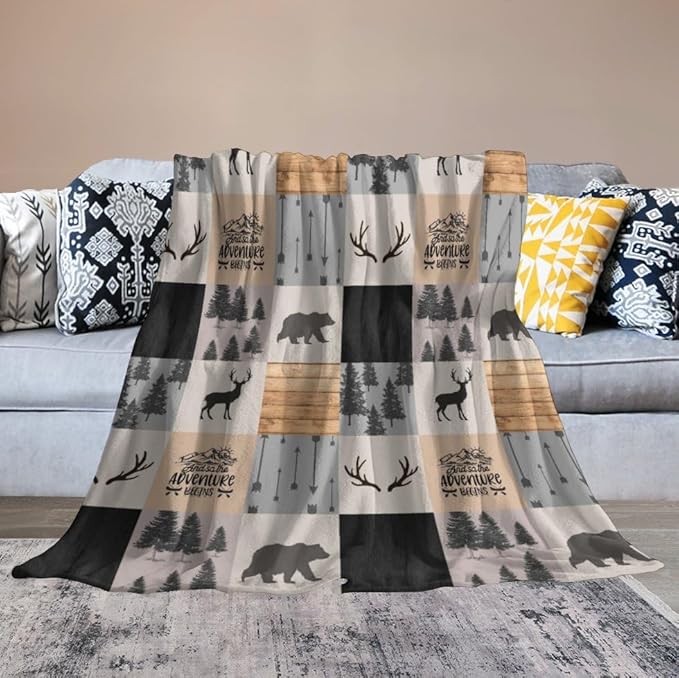 Rustic Cabin Throw Blanket, Retro Camping Bear Deer Farmhouse Wildlife Tree Forest Brown Gray Print Warm Flannel Blanket for Bedroom Camping Travel, 30"x40"