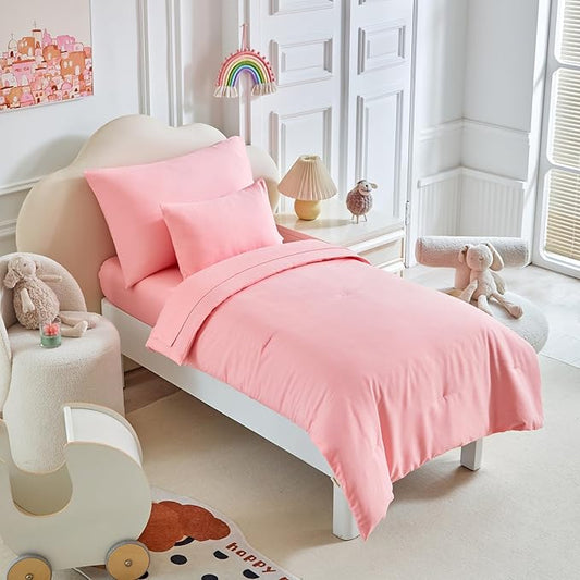 Toddler Bedding Set - 5 Piece Soft and Breathable Toddler Bed Set for Boys and Girls, Includes Quilted Comforter, Fitted Sheet, Flat Top Sheet, Standard Pillowcase and Toddler Pillowcase, Pink