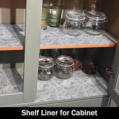 Blue Peony Shelf and Drawer Liner for Kitchen,Non-Adhesive and Strong Non-Slip Floral Cabinet Drawer Liners for Kitchen Shelf, Waterproof Cupboard Liners,Easy to Clean,12IN x 10FT