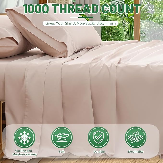 Egyptian Cotton Sheets Full Size 4PCS 1000 Thread Count Sateen Weave Soft Breathable 16-Inch Deep Pocket （Full,Dusty Pink）
