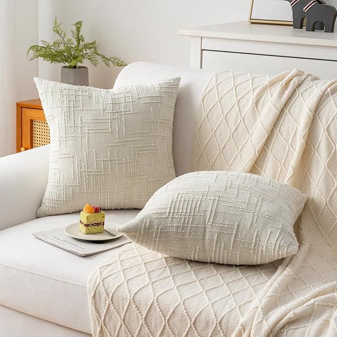 Decorative Throw Pillow Covers 18x18 Inch Set of 4, Soft Solid Farmhouse Chenille Couch Pillows, Spring Pillow Covers for Couch Sofa Bed Living Room Home Decor Pillowcase, Cream White