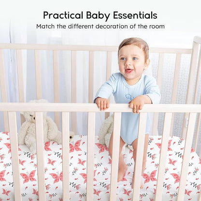 Yoofoss Baby Crib Sheets for Boys Girls, Fitted Crib Sheet 2 Pack for Standard Crib and Toddler Mattress, Super Soft Microfiber Baby Sheet 28x52x8in Pink + Butterflies