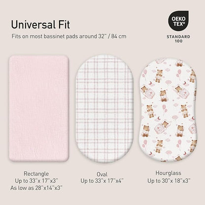 Gllquen Baby Muslin Bassinet Sheets 3 Pack, Breathable Elastic Cozy Fitted Cotton Bassinet Mattress Sheet for Baby Boy Girls, Fit for Hourglass Oval Rectangular Cradle Pad Sheets 33"x17" (Bear Dream)