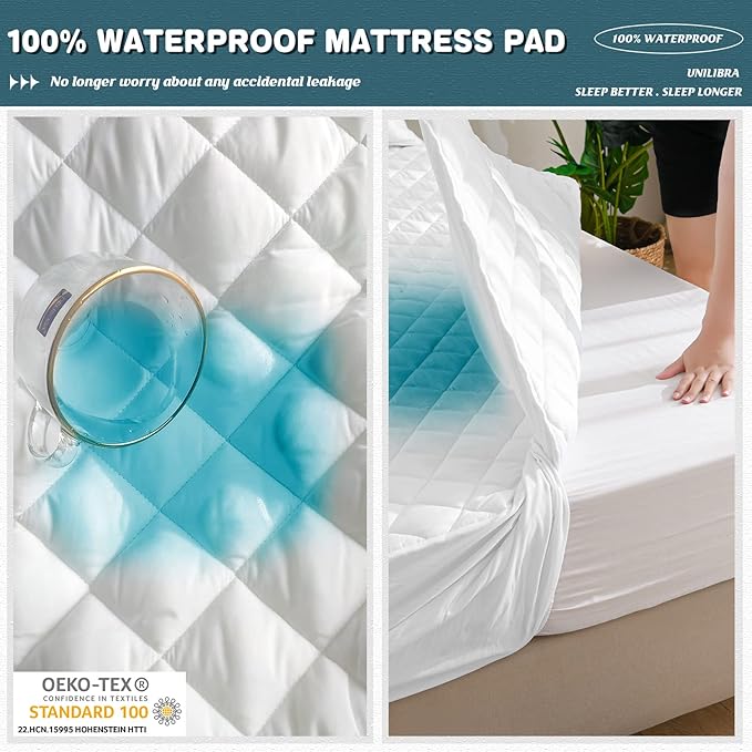 UNILIBRA King Mattress Cover Waterproof, Deep Pocket Mattress Pad Protector Fits to 6''-21'', Breathable Hollow Cotton Filling Quilted Mattress Protector for King Size