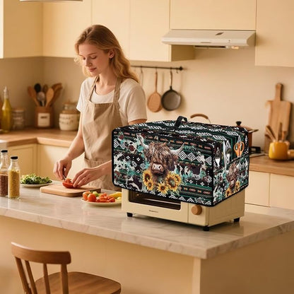 Toaster Oven Dust Cover Washable Fabric Convection Oven Cover Protector Compatible with Various Small Kitchen Appliances, L, Aztec Highland Cow Sunflower