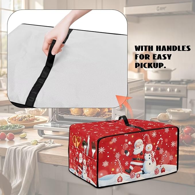 Christmas Toaster Oven Dust Cover Dustproof Smart Oven Air Fryer Microwave Cover with Side Pockets, Electric Appliance Protector for Kitchen, S, Santa Claus Snowman Candy Cane Red