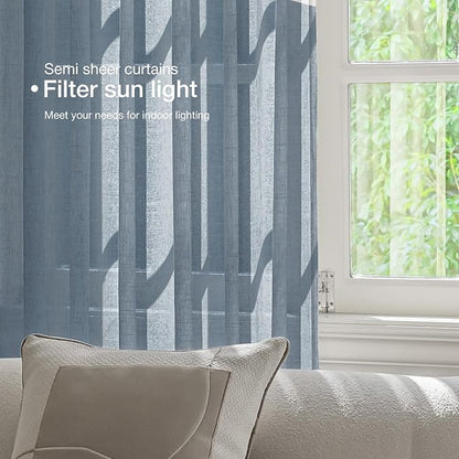 Anmao Natural Linen Curtains for Living Room 54 Inch Length 2 Panels Set, Light Filtering Semi Sheer Window Curtain Drapes for Bedroom with Curtain Rings and Clips, 52Wx54L, Haze Blue