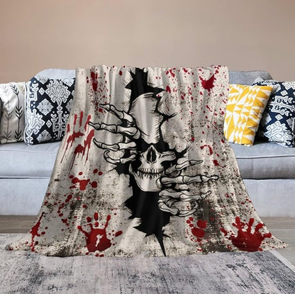 Horror Skull Throw Blanket, Halloween Day of The Dead Vintage Gothic Scary Blood Hand Soft Warm Fleece Blanket for Bed Couch Living Room All Season, 50"x60"