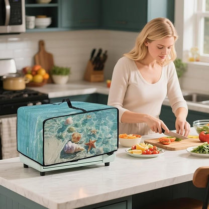 Toaster Oven Cover Washable Small Kitchen Appliance Dust Cover with Pockets, for Air Fryer Toaster Ovens, Microwaves, M, 16.5 x 20.5 x 10 Inches, Blue Beach Starfish Seashell Conch Whelk