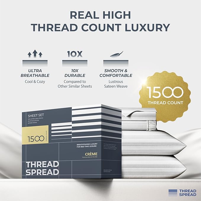 THREAD SPREAD 100% Egyptian Cotton Sheets Queen Size - 1500 Thread Count 4 PC Damask Sheet Set Egyptian Cotton, Sateen Luxury Sheet Queen Size, Soft Sateen Sheets, 17" Deep Pocket - White Stripe