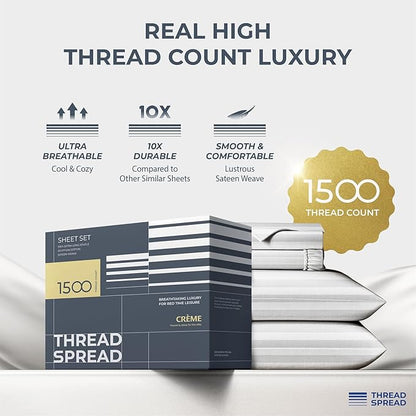 THREAD SPREAD 100% Egyptian Cotton Sheets Queen Size - 1500 Thread Count 4 PC Damask Sheet Set Egyptian Cotton, Sateen Luxury Sheet Queen Size, Soft Sateen Sheets, 17" Deep Pocket - White Stripe