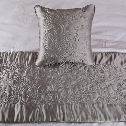 The HomeCentric Luxury Silver Twin 53 x 18 inch Bed Runner with Pillow Cover, Satin Quilted Bed Scarf, Abstract Modern - Silver Soft