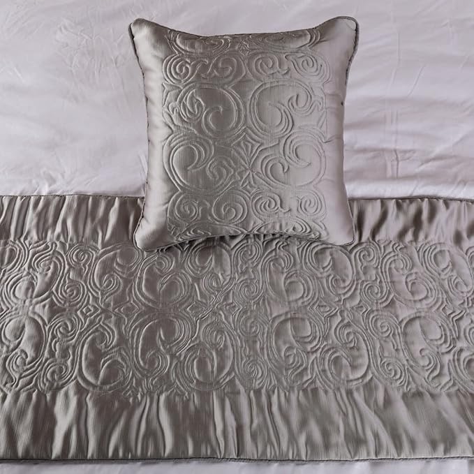 The HomeCentric Handmade Silver King 90 x 18 inch Bed Runner with Matching Pillow Cover, Satin Quilted Bed Scarf, Abstract Modern - Silver Soft