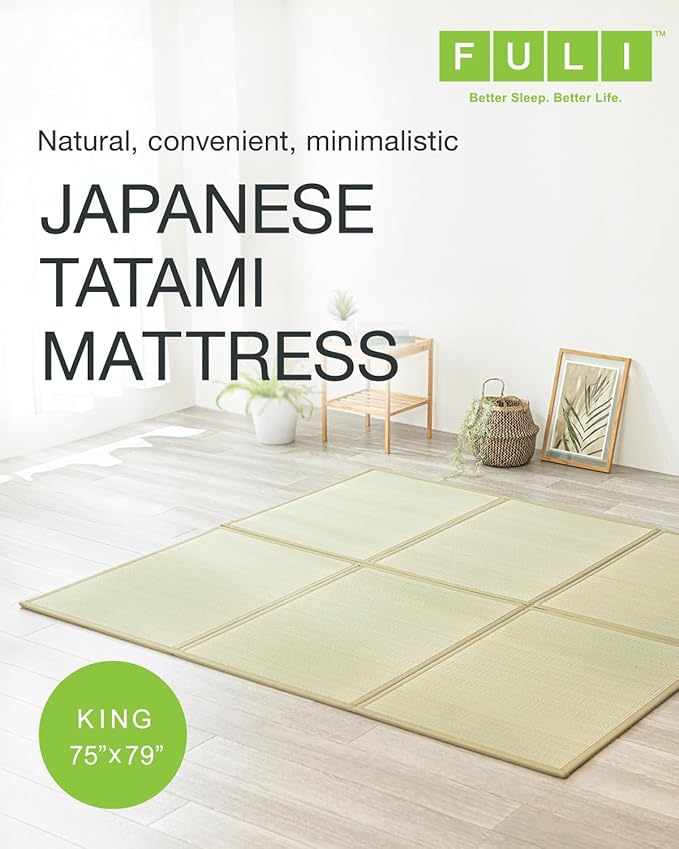 FULI Japanese Tatami Mattress, Tatami Rug, Igusa Mat (Japanese Rush Grass) Foldable, Made in Japan (Natural, King)